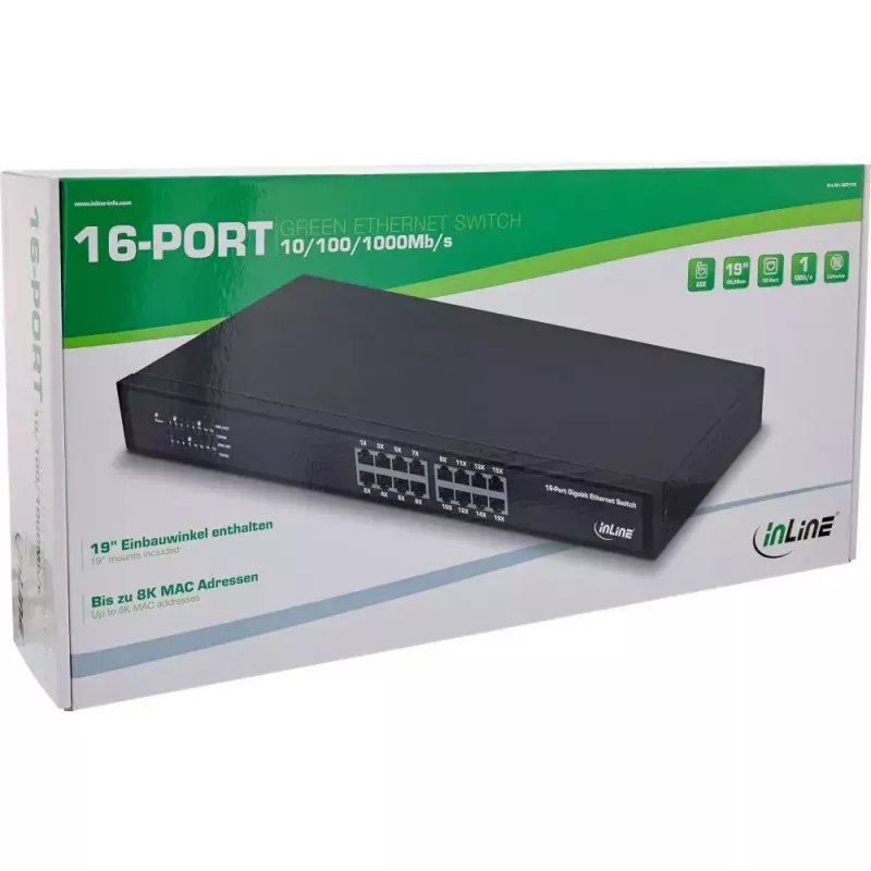 InLine gigabitinio tinklo komutatorius 16 prievadų, 1 Gb/s, 19 colių 1U, be ventiliatoriaus