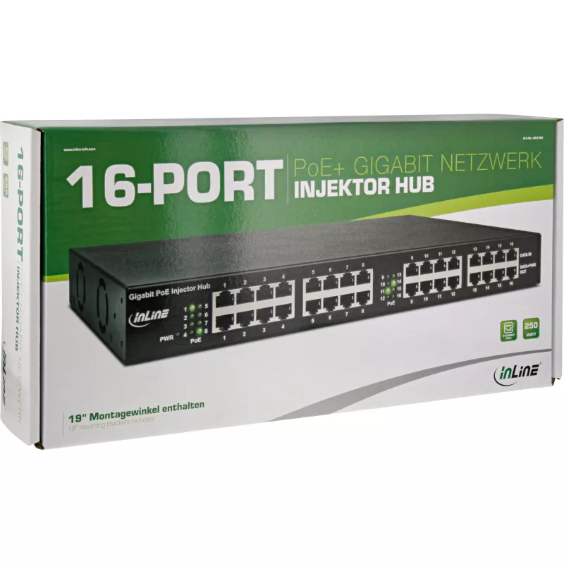 InLine PoE+ Gigabit tinklo injektoriaus šakotuvas 16 prievadų PoE+, 19 colių 1U, komplekte laikikliai, 2 ventiliatoriai