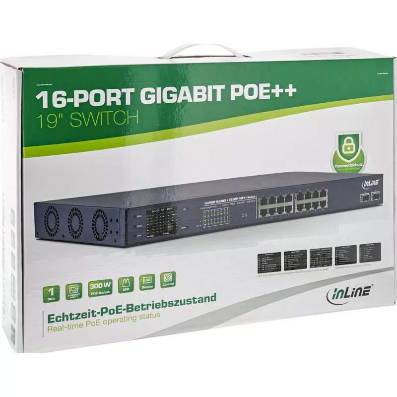 InLine PoE+ Gigabit tinklo komutatorius 24 prievadų, 1 Gb/s, 2xSFP, 19 colių 1U (su laikikliais)