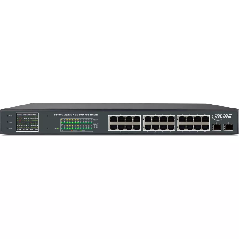 InLine PoE+ Gigabitinis tinklo komutatorius, 24 prievadai, 1 Gb/s, 2xSFP, 19 colių 1U (su laikikliais)