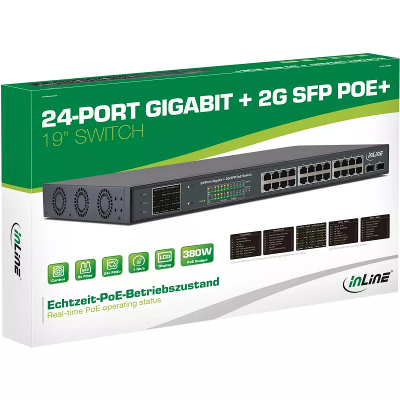 InLine PoE+ Gigabitinis tinklo komutatorius, 24 prievadai, 1 Gb/s, 2xSFP, 19 colių 1U (su laikikliais)