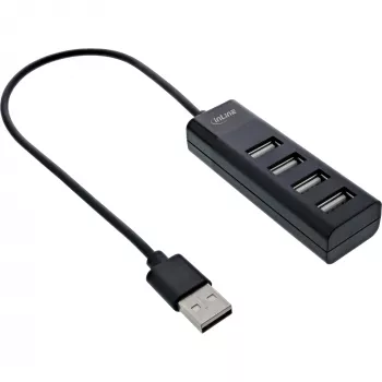 InLine USB 2.0 4 prievadų šakotuvas, Type-A kištukas į 4x Type-A lizdus, juodas, 30 cm, plonas