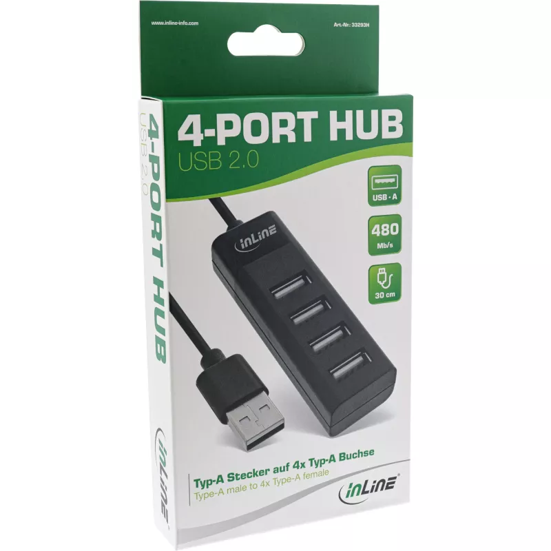 InLine USB 2.0 4 prievadų šakotuvas, Type-A kištukas į 4x Type-A lizdus, juodas, 30 cm, plonas