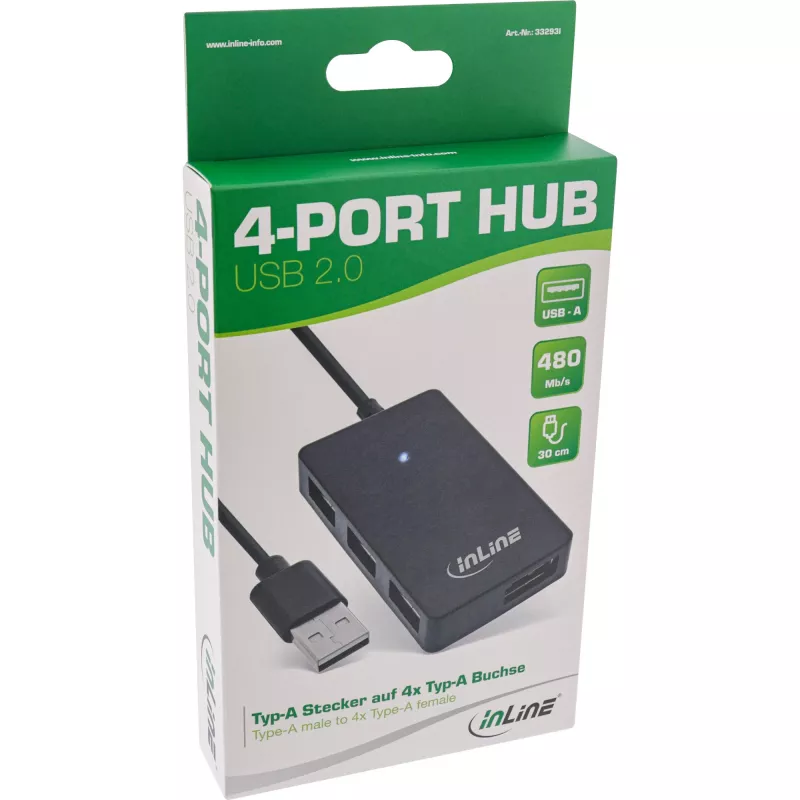 InLine USB 2.0 4-Port Hub, Type-A kištukas į 4x Type-A lizdus, juodas, 30 cm