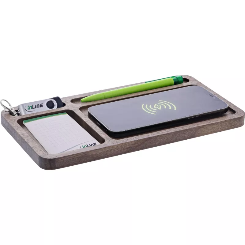Organizatorius InLine WoodCharge su Qi įkrovimo paviršiumi, USB maitinimo šaltinis