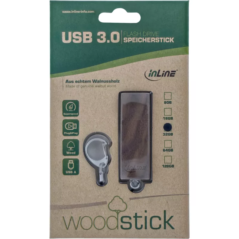 InLine USB 3.0 Flash diskas, woodline riešutmedis, su raktų pakabuku, 64GB