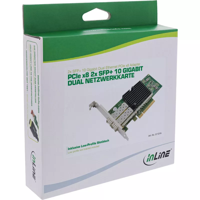 InLine Dual 10 Gigabit tinklo plokštė, 2x SFP+, PCIe x8, įsk. LP laikiklį