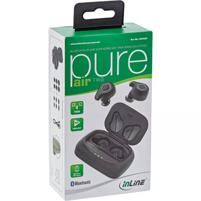 InLine PURE Air TWS, Bluetooth į ausis įdedamos ausinės su Qi dėklu-išorine baterija
