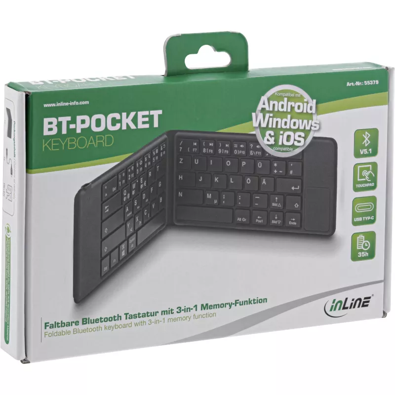 Sulankstoma „Bluetooth“ klaviatūra „InLine BT-Pocket“, skirta iki 3 „Bluetooth“ įrenginių