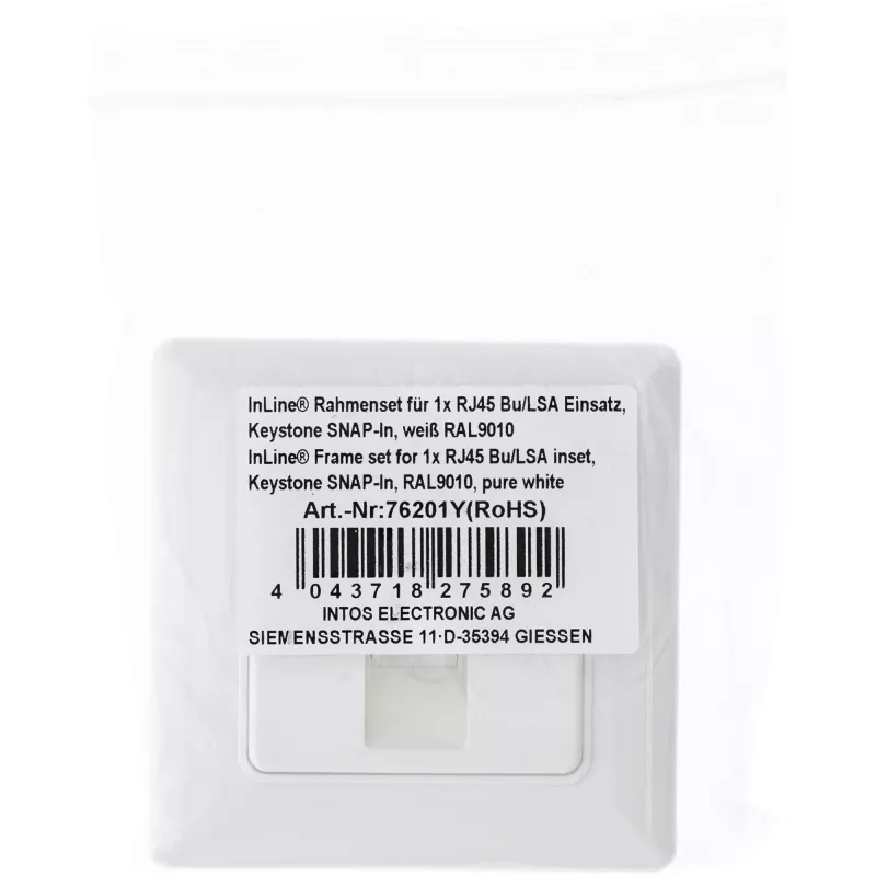 InLine rėmelio komplektas 1x RJ45 Bu/LSA įdėklui, Keystone SNAP-In, baltas RAL9010