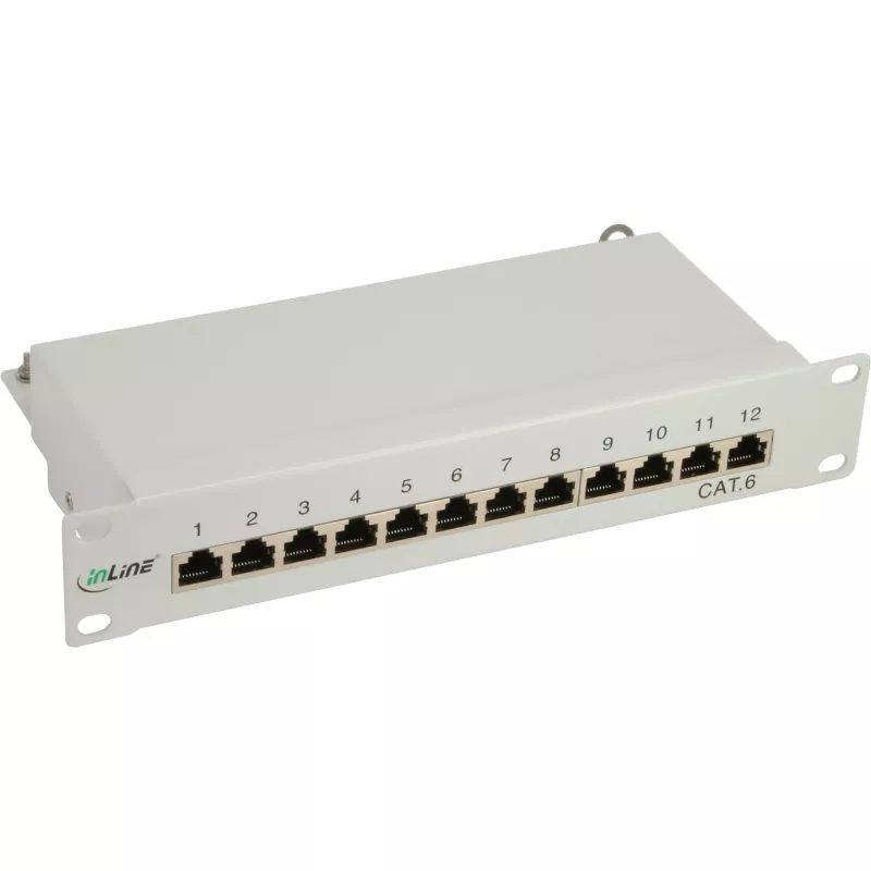 InLine pataisymo skydelis 10 colių Cat.6 12 prievadų 1U šviesiai pilkas RAL7035