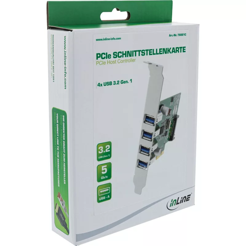 InLine USB 3.0 4 prievadų pagrindinio kompiuterio valdiklis PCIe, įsk. žemo profilio laikiklį ir 4 kontaktų pagalbinį maitinimą