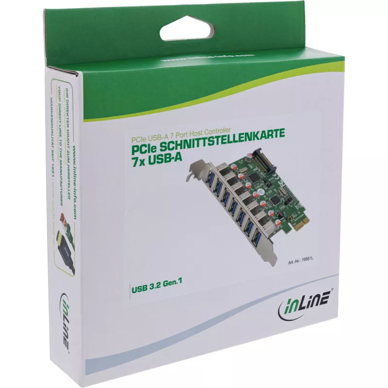InLine USB-A 3.2 Gen.1 7 prievadų pagrindinio kompiuterio valdiklis PCIe, SATA maitinimas