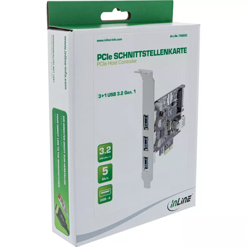 InLine 3+1 prievadų USB 3.0 pagrindinio kompiuterio valdiklis, PCIe, su SATA maitinimu ir žemo profilio laikikliu