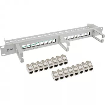 InLine Patch panel Cat.6A 16-way, su 3 laikikliais, 16 keystone lizdų, 19 colių, 1U, pilka