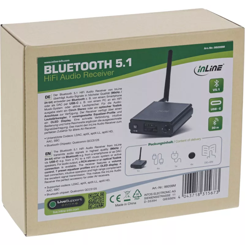 „InLine“ Bluetooth 5.1 HiFi imtuvas ir USB DAC su LCD, 30 m nuotolis