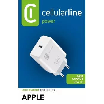 Cellularline USB-C įkroviklis 20W – „iPhone 8“ ir naujesniems modeliams 20W USB-C tinklo įkroviklis, skirtas „iPhone 8“ ir naujesniems modeliams įkrauti maksimaliu greičiu