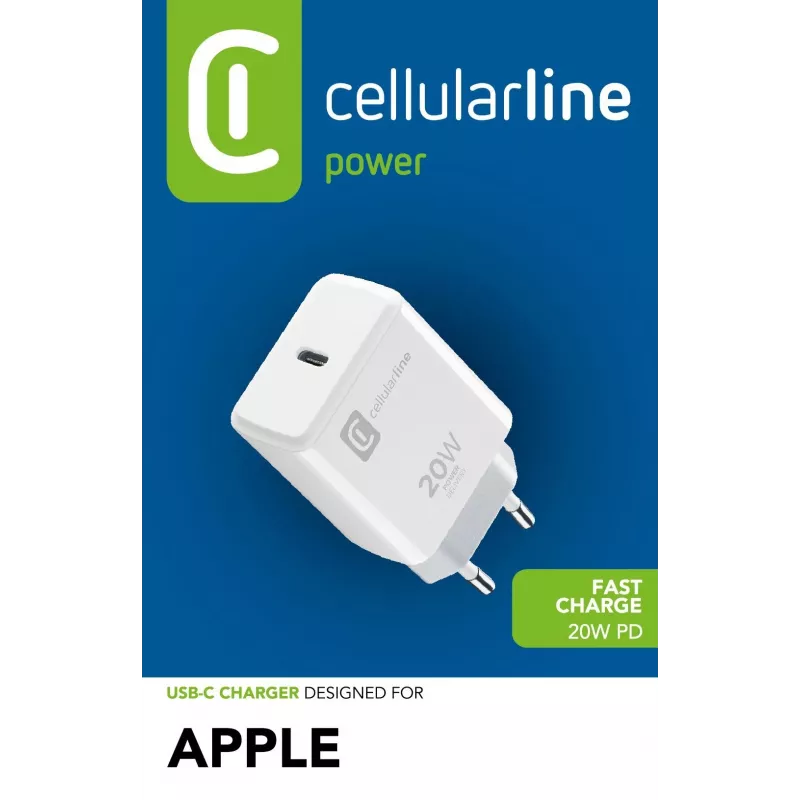 Cellularline USB-C įkroviklis 20W – „iPhone 8“ ir naujesniems modeliams 20W USB-C tinklo įkroviklis, skirtas „iPhone 8“ ir naujesniems modeliams įkrauti maksimaliu greičiu