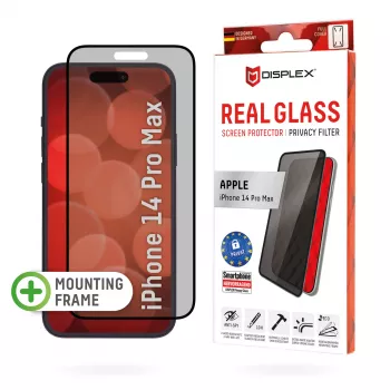 Displex privatumo apsaugantis pilno priedango ekrano stiklas (10H) Apple iPhone 14 Pro Max, EASY-ON® Eco tvirtinimo rėmelis, privatumo filtras, grūdintas stiklas, atspari įbrėžimams apsauginė plėvelė, tinkama dėklams