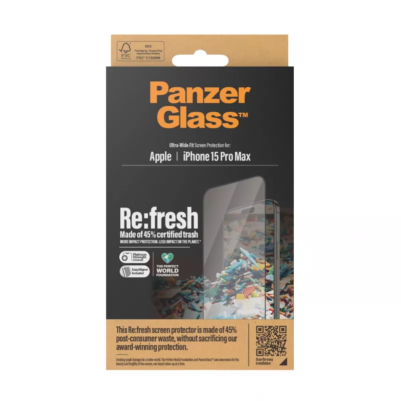 PanzerGlass ® Re:fresh ekrano apsauga iPhone 15 Pro Max | Itin platus pritaikymas su EasyAligner