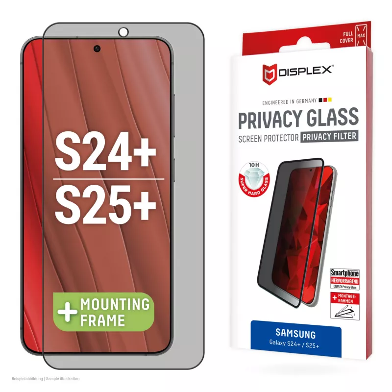 Displex privatumo ekrano apsauga (10H) Samsung Galaxy S24+/S25+, EASY-ON® Eco montavimo rėmelis, privatumo filtras