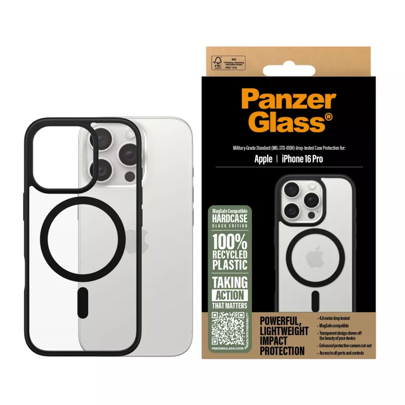 PanzerGlass ® HardCase permatomas su juodu MagSafe ir rėmeliu iPhone 16 Pro