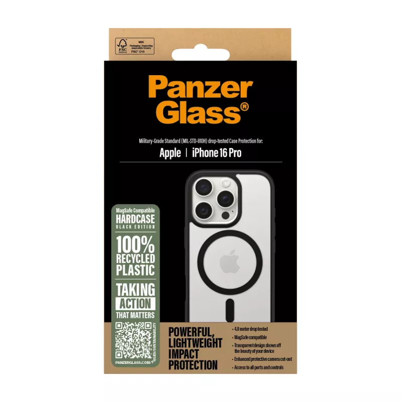 PanzerGlass ® HardCase permatomas su juodu MagSafe ir rėmeliu iPhone 16 Pro
