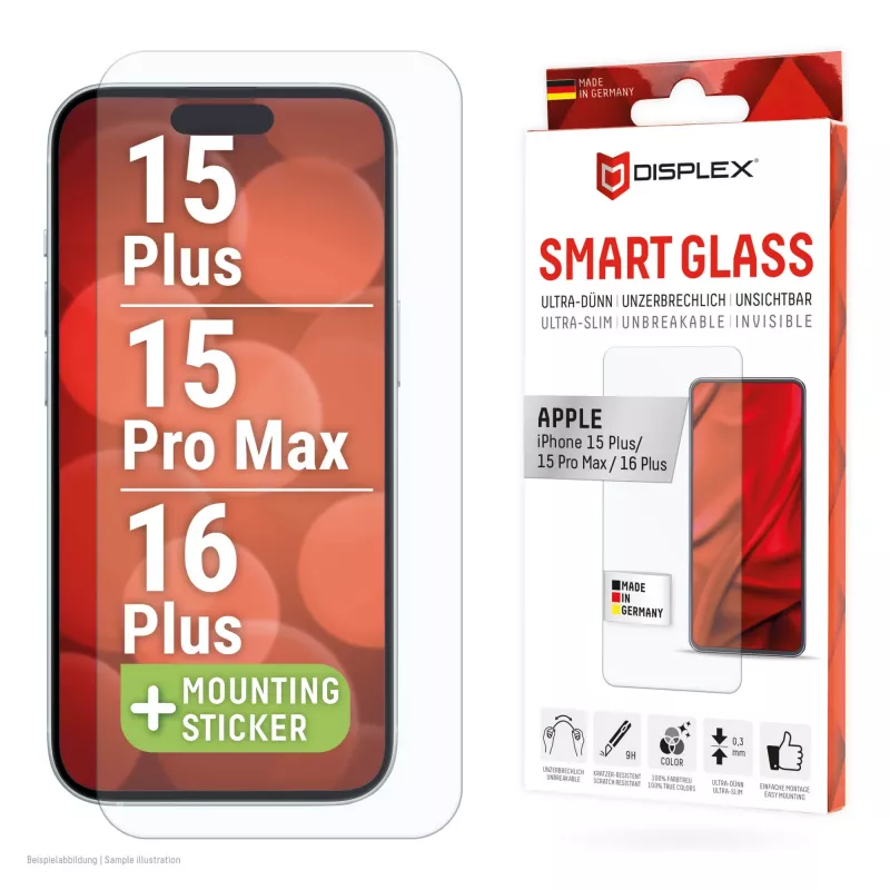 Displex Smart Glass (9H) Apple iPhone 15 Plus/15 Pro Max/16 Plus, tvirtinimo lipdukas, nedūžtantis