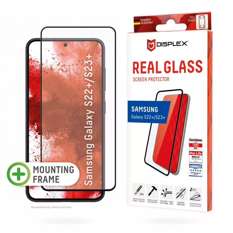 Displex Premium Screen Protector (Full Cover, 10H) for Samsung Galaxy S22+/S23+, Eco Mounting Frame, Full Cover
