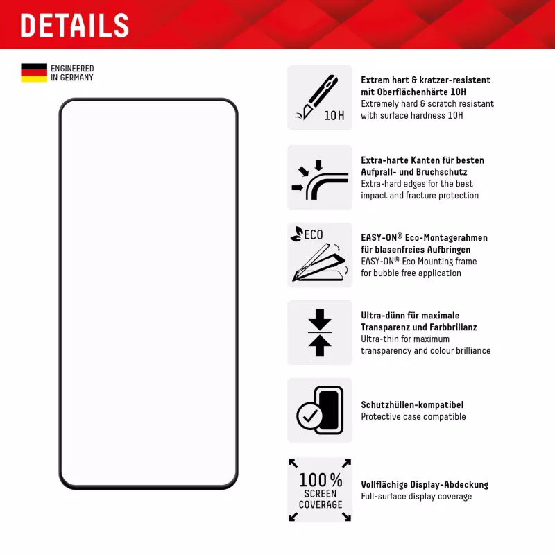 Displex Premium Screen Protector (Full Cover, 10H) for Samsung Galaxy S22+/S23+, Eco Mounting Frame, Full Cover
