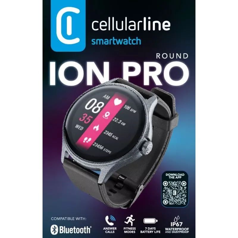 Cellularline ION PRO Round Bluetooth® išmanusis laikrodis su programėle, 3,51 cm (1,38 colio), TFT, jutiklinis ekranas, 0,00064 GB, 98 g