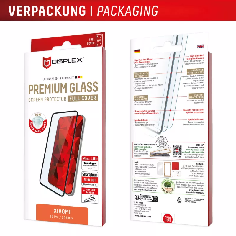 Displex Premium Screen Protector (Full Cover, 10H) for Xiaomi 15 Pro/15 Ultra, Eco Mounting Frame, Full Cover