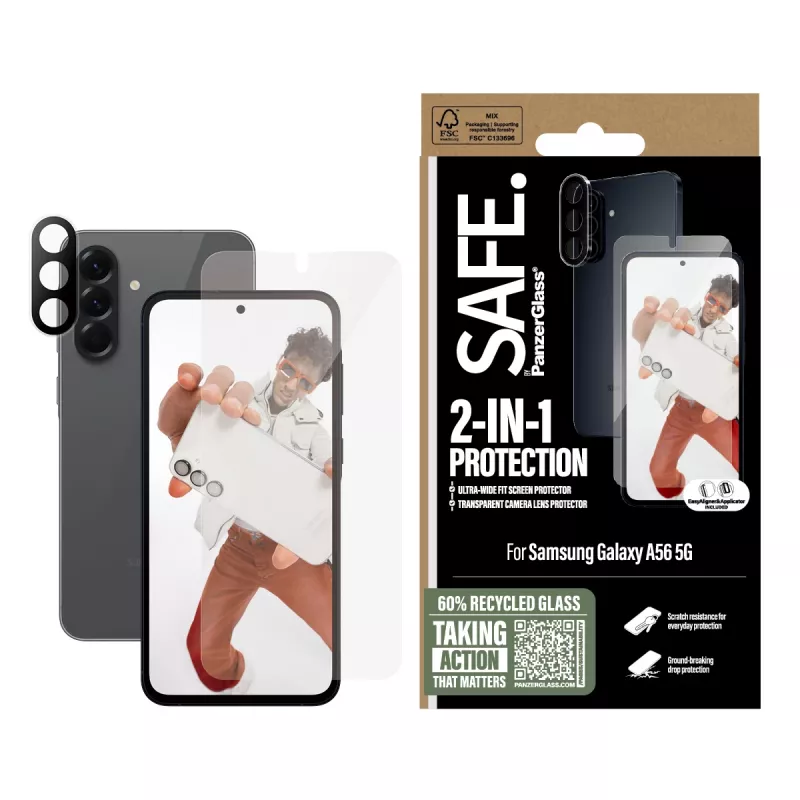 “PanzerGlass SAFE. by ®” 2-in-1 rinkinys, skirtas “Samsung Galaxy A56 5G”, atsparus įbrėžimams ir smūgiams