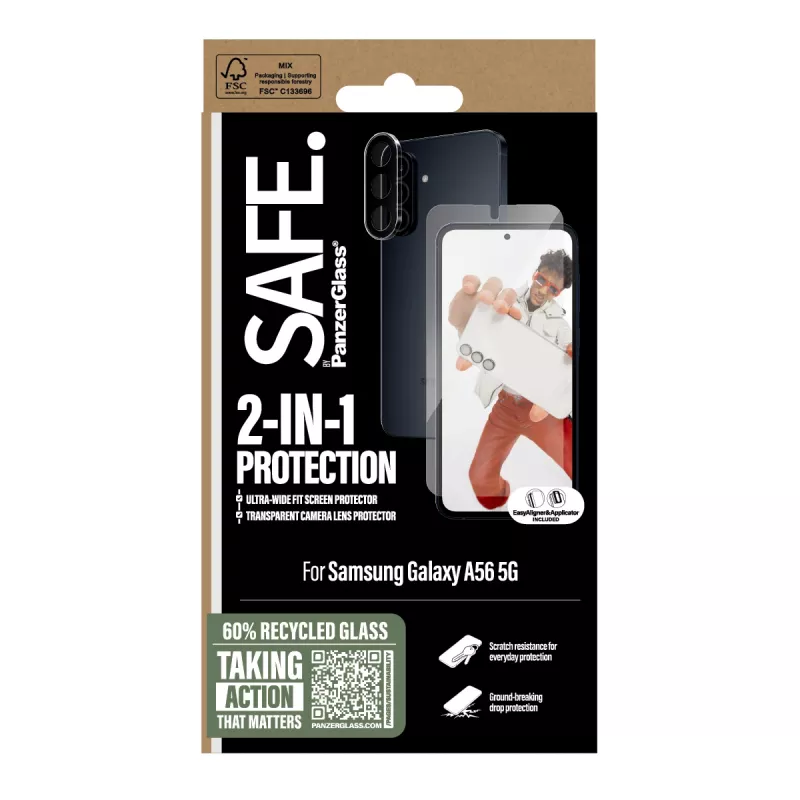 “PanzerGlass SAFE. by ®” 2-in-1 rinkinys, skirtas “Samsung Galaxy A56 5G”, atsparus įbrėžimams ir smūgiams