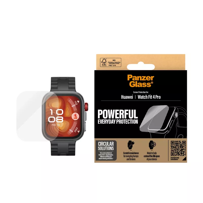 Ekrano apsauga PanzerGlass, skirta Huawei Watch Fit 4 Pro — grūdintas stiklas, atsparus įbrėžimams, tikslus iškirpimas
