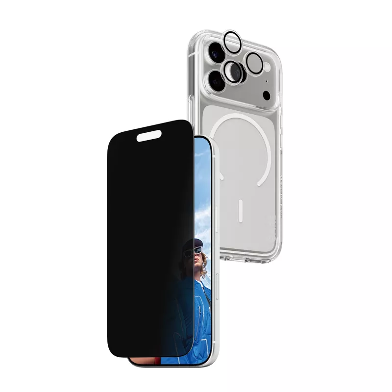 Apsauginis dėklas PanzerGlass, skirtas iPhone 17 Pro, 3-in-1 — CARE serija, privatumo apsauga, integruotas kameros dangtelis
