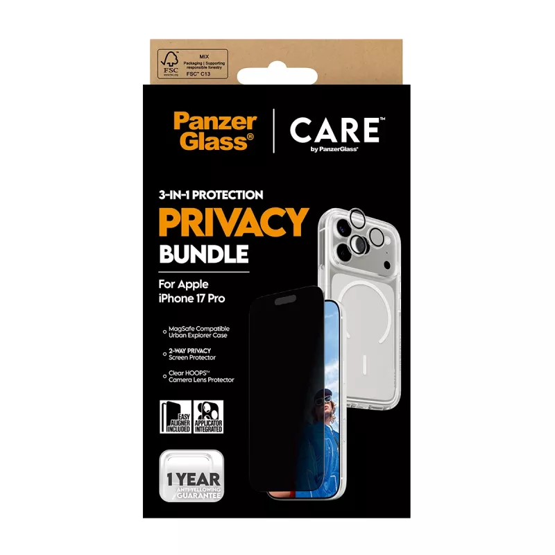 Apsauginis dėklas PanzerGlass, skirtas iPhone 17 Pro, 3-in-1 — CARE serija, privatumo apsauga, integruotas kameros dangtelis