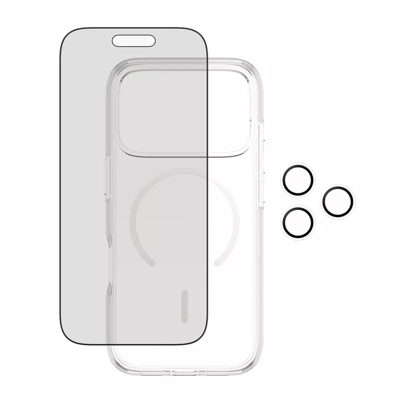 Apsauginis dėklas PanzerGlass, skirtas iPhone 17 Pro, 3-in-1 — CARE serija, privatumo apsauga, integruotas kameros dangtelis