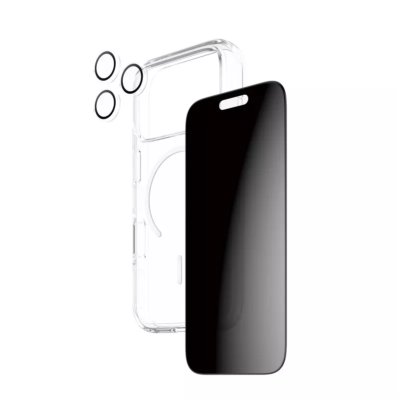 Apsauginis dėklas PanzerGlass, skirtas iPhone 17 Pro, 3-in-1 — CARE serija, privatumo apsauga, integruotas kameros dangtelis
