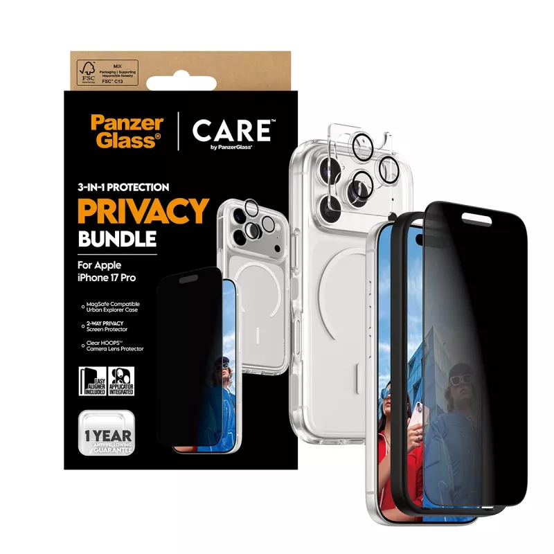 Apsauginis dėklas PanzerGlass, skirtas iPhone 17 Pro, 3-in-1 — CARE serija, privatumo apsauga, integruotas kameros dangtelis