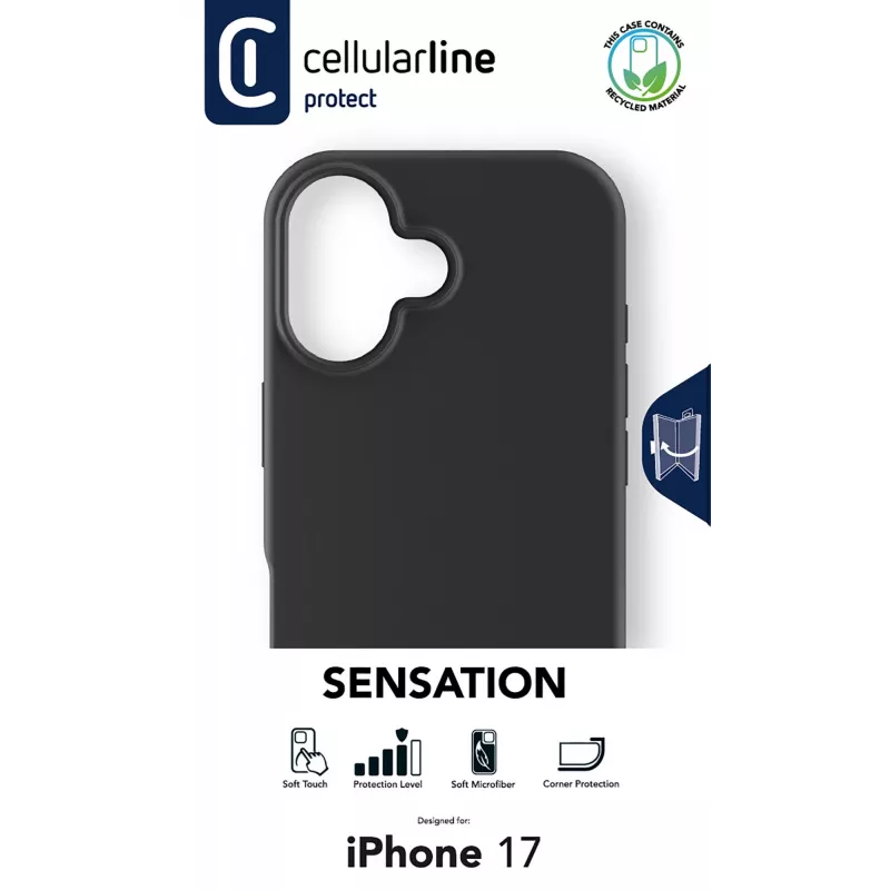 Cellularline Sensation - iPhone 17 itin minkštas silikoninis dėklas su minkštos lytėjimo apdaila, puikiai apsaugantis kiekvieną jūsų iPhone 17 detalę elegancija ir komfortu.