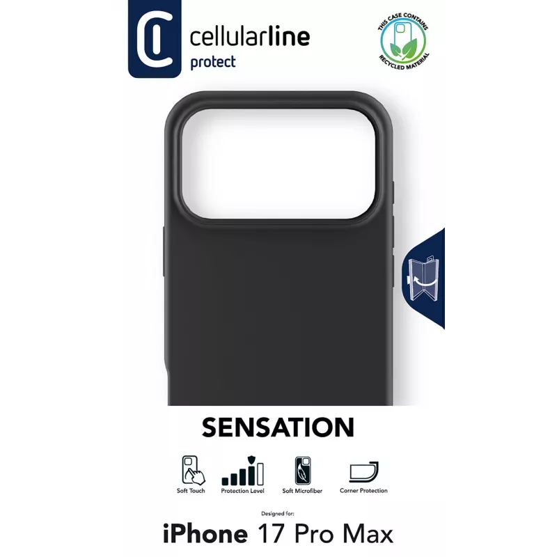 Cellularline Sensation - iPhone 17 Pro Max itin minkštas silikoninis dėklas su minkšta liečiama apdaila, puikiai apsaugantis kiekvieną jūsų iPhone 17 Pro Max detalę su elegancija ir patogumu.