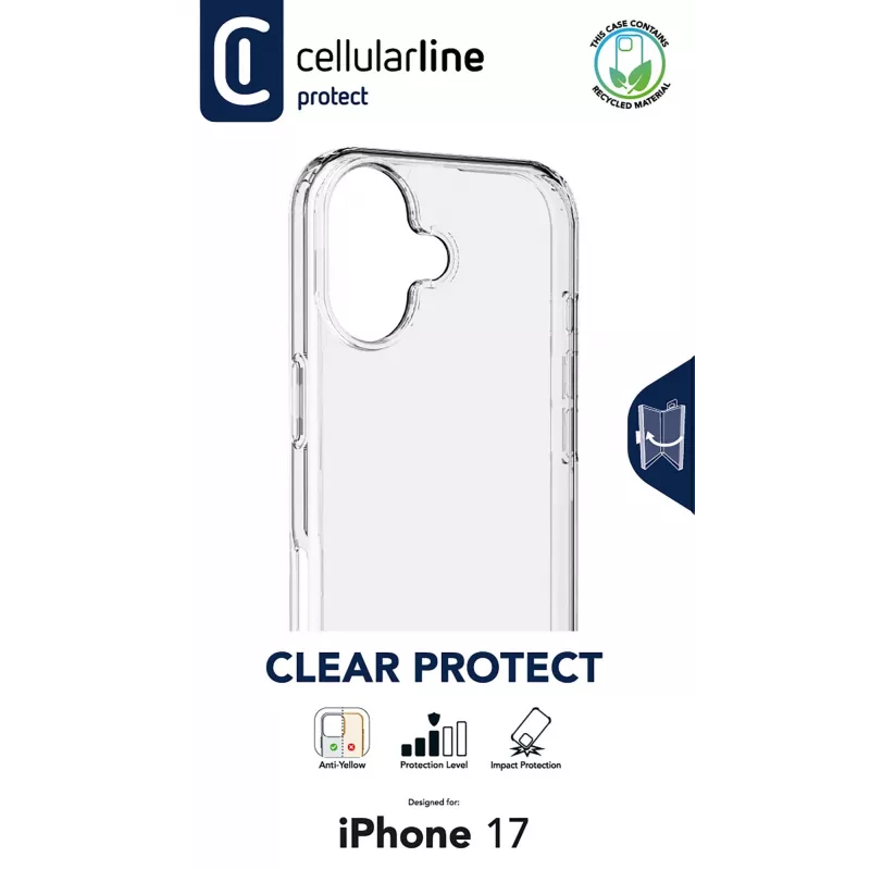Cellularline Clear Protect - iPhone 17 kietas dėklas su guminiais kraštais