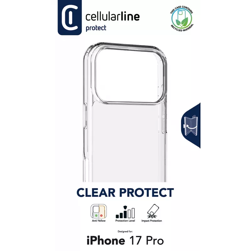 Cellularline Clear Protect - iPhone 17 Pro kietas dėklas su guminiais kraštais