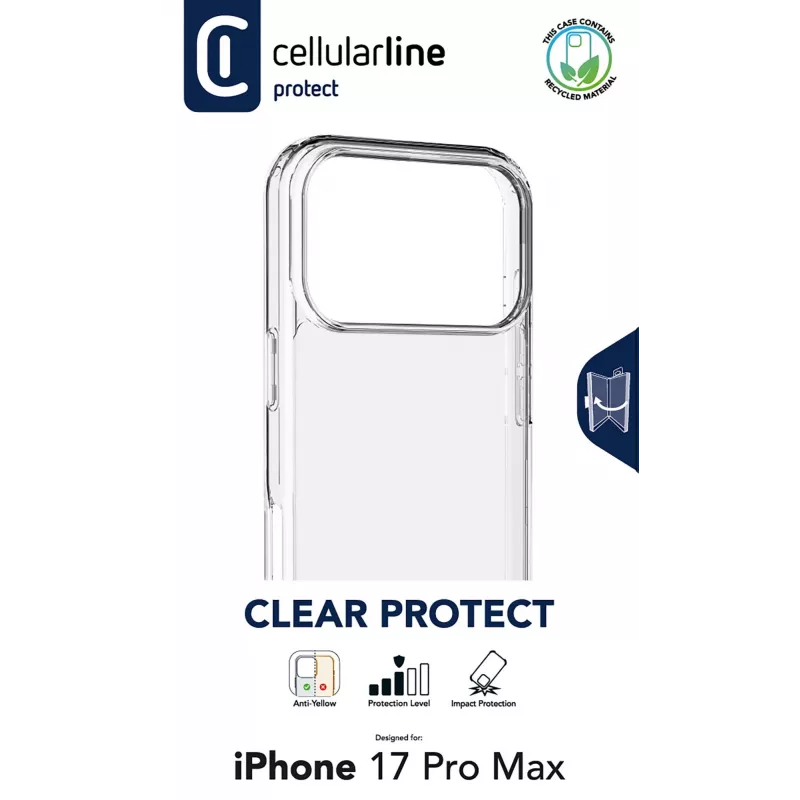 Cellularline Clear Protect - iPhone 17 Pro Max kietas dėklas su guminiais kraštais