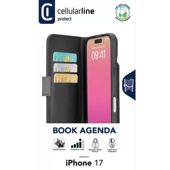 Cellularline Book Agenda - iPhone 17 odinės tekstūros knygos tipo dėklas su magnetiniu užsegimu
