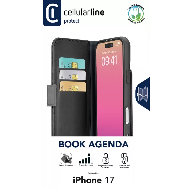 Cellularline Book Agenda - iPhone 17 odinės tekstūros knygos tipo dėklas su magnetiniu užsegimu