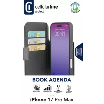 „Cellularline Book Agenda“ – odą primenantis „iPhone 17 Pro Max“ knygelės tipo dėklas su magnetiniu užsegimu