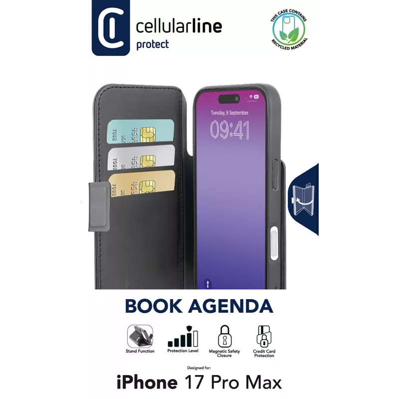„Cellularline Book Agenda“ – odą primenantis „iPhone 17 Pro Max“ knygelės tipo dėklas su magnetiniu užsegimu