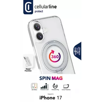 „Cellularline Spin Mag“ – „iPhone 17“ dėklas su pasukamu žiedo laikikliu, suderinamas su „MagSafe“ ekosistema